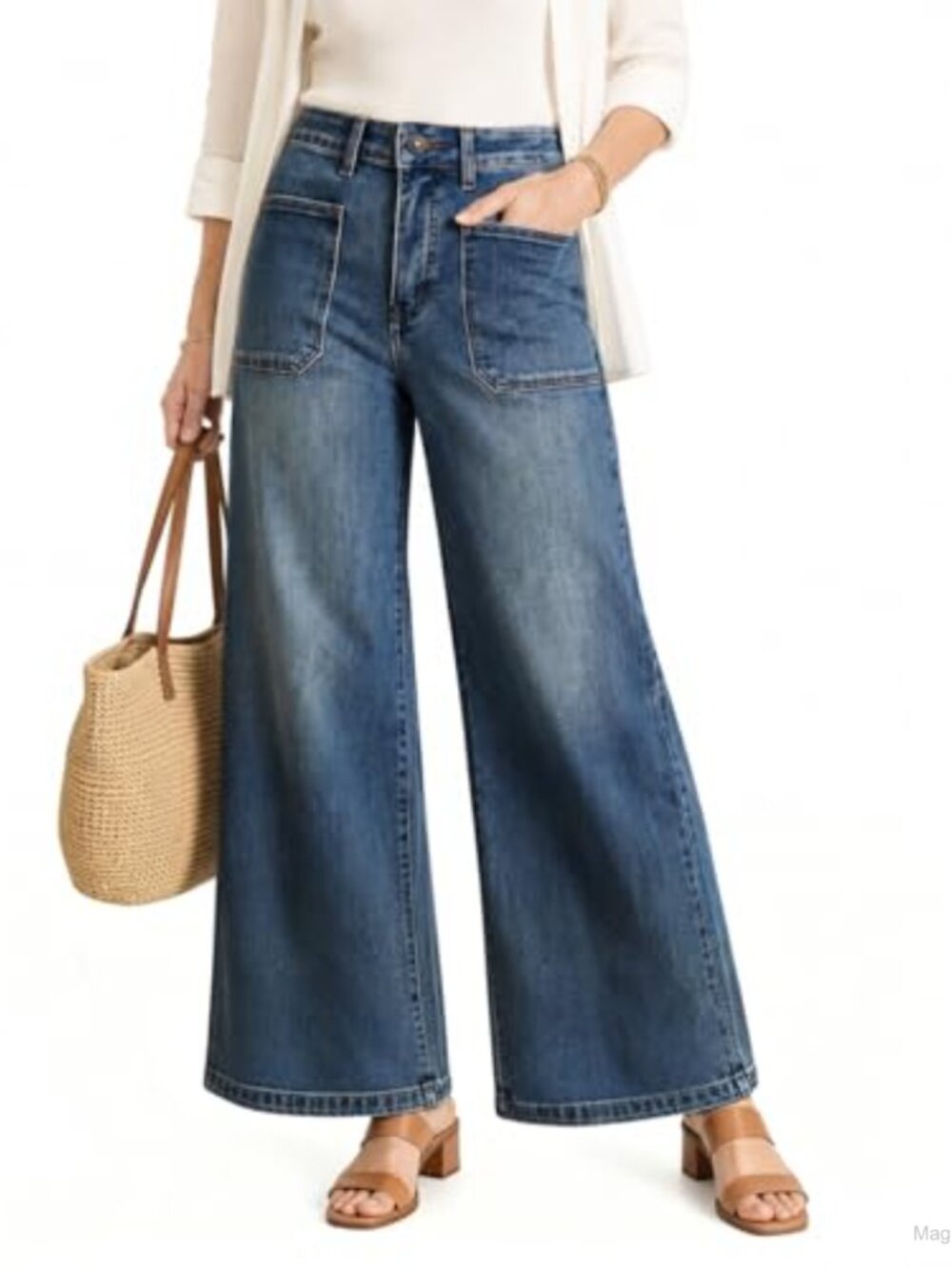 High Waisted Wide Leg Jeans Tummy Control Denim Cotton Blend Stretch